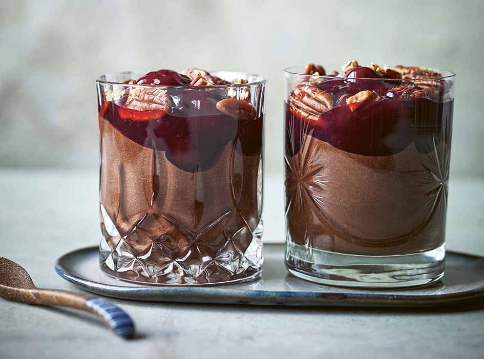 Chocolate Mousse with Boozy Cherries and Miso-Roasted Pecans bv Tim Anderson