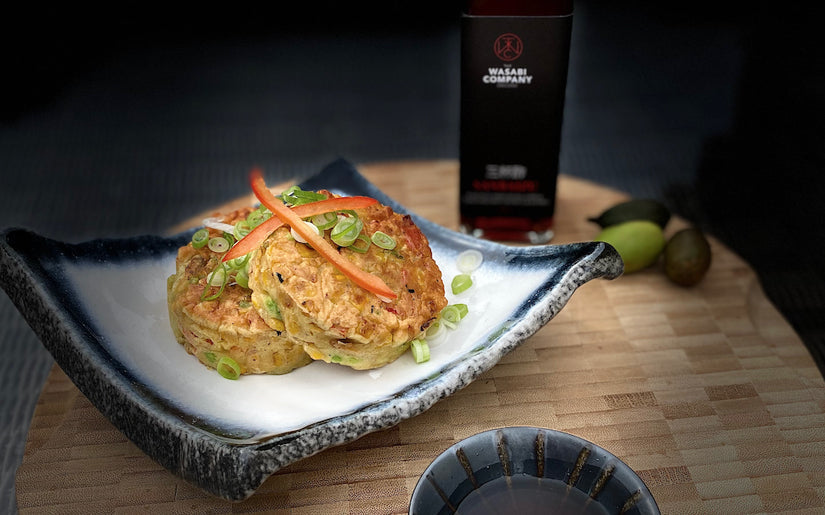 Charred Corn, Wasabi & Finger Lime Fritters with Sudachi Kombu Ponzu