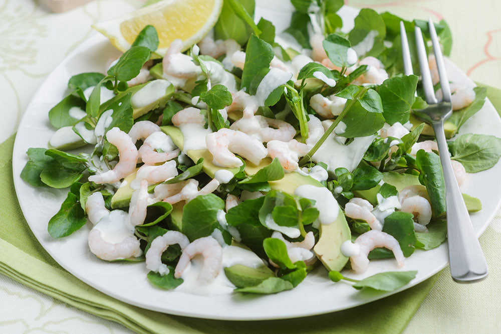 Prawn, Avocado & Watercress Salad with a Light Wasabi Dressing