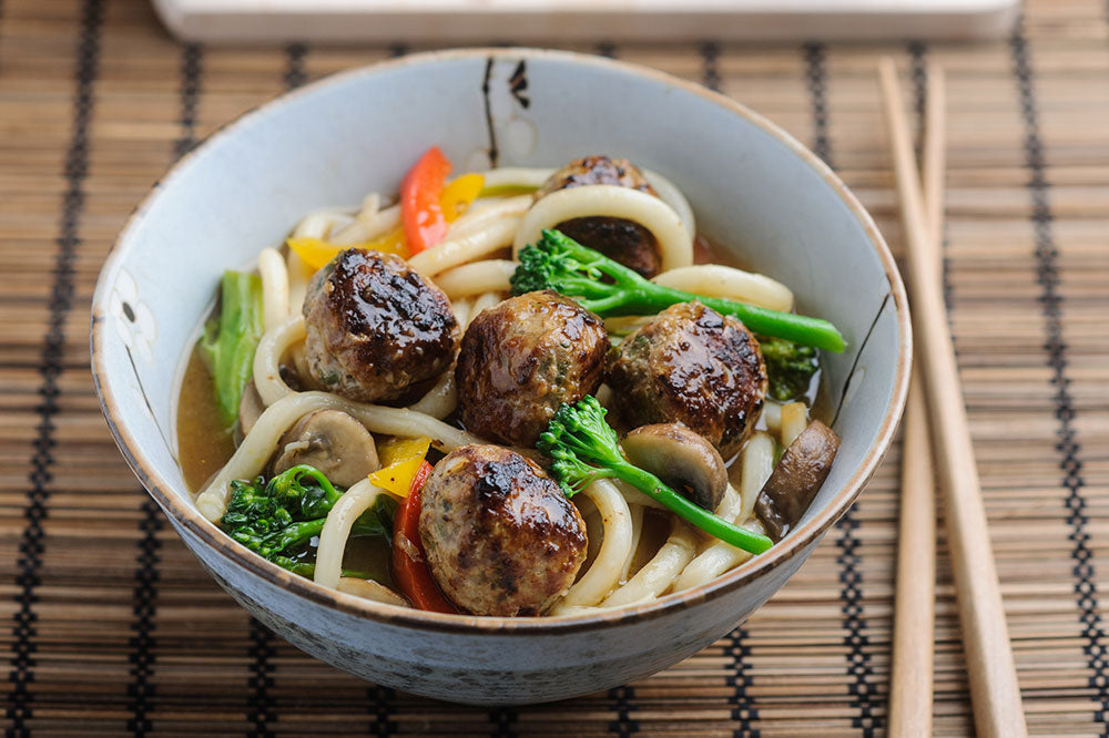 Wasabi & Pickled Ginger Pork Balls with Sesame Stir Fried Vegetables & Udon Noodles