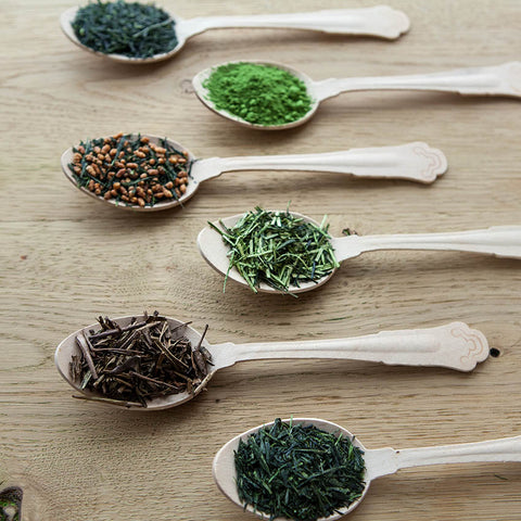 Six wooden spoons on a wooden surface, each holding a different type of loose leaf tea or tea powder in varying shades of green and brown.