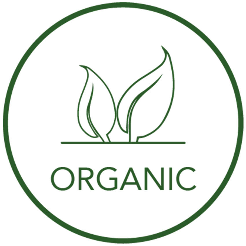 A simple green outline of two leaves above the word ORGANIC, all enclosed in a circular border.