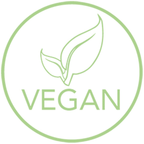 A green outline of two leaves above the word VEGAN, enclosed in a green circle, representing a vegan or plant-based product.