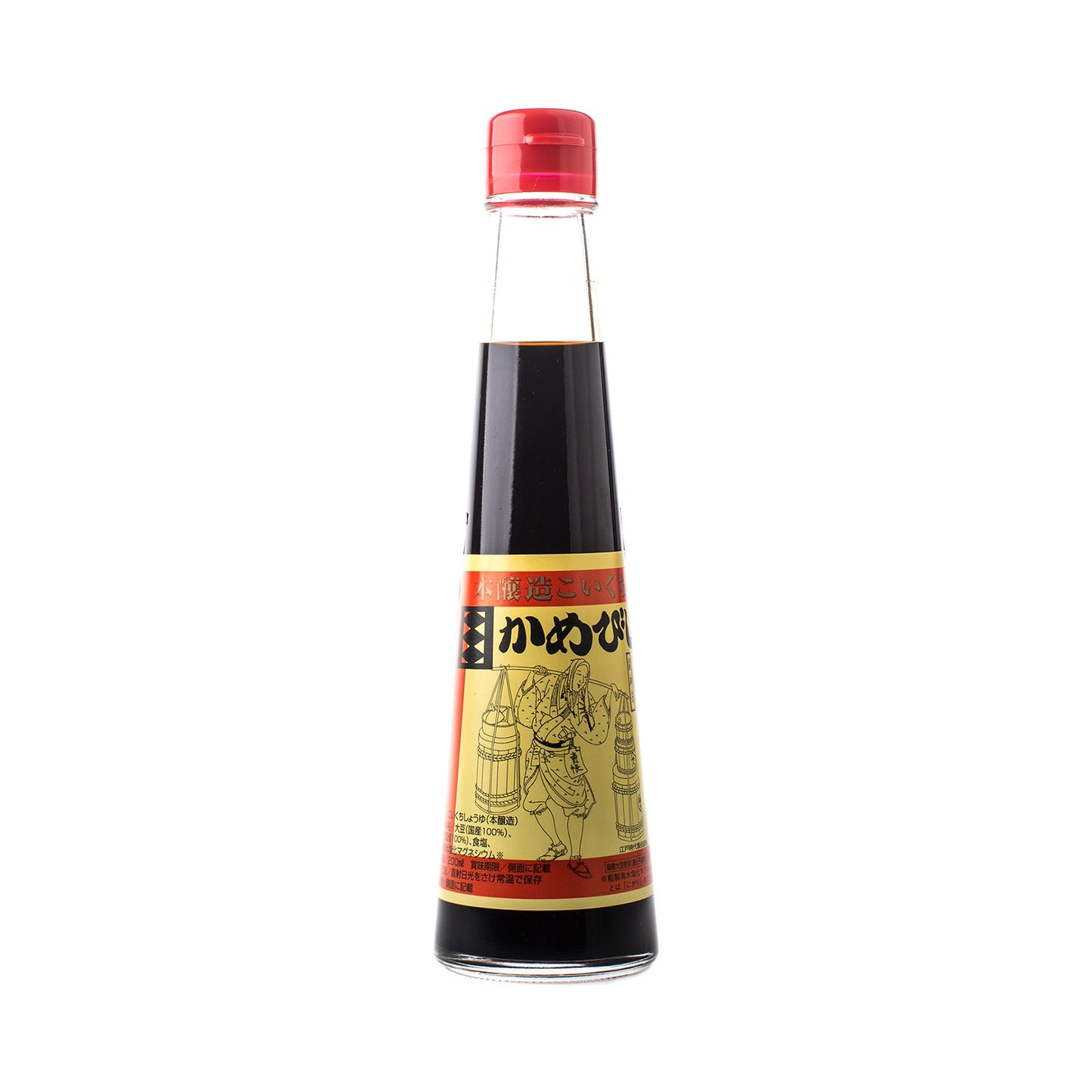 A bottle of 2 Year Aged Soy Sauce with a red cap and a yellow label featuring black and red text, an illustration of a person, and crafted using the traditional Japanese method.