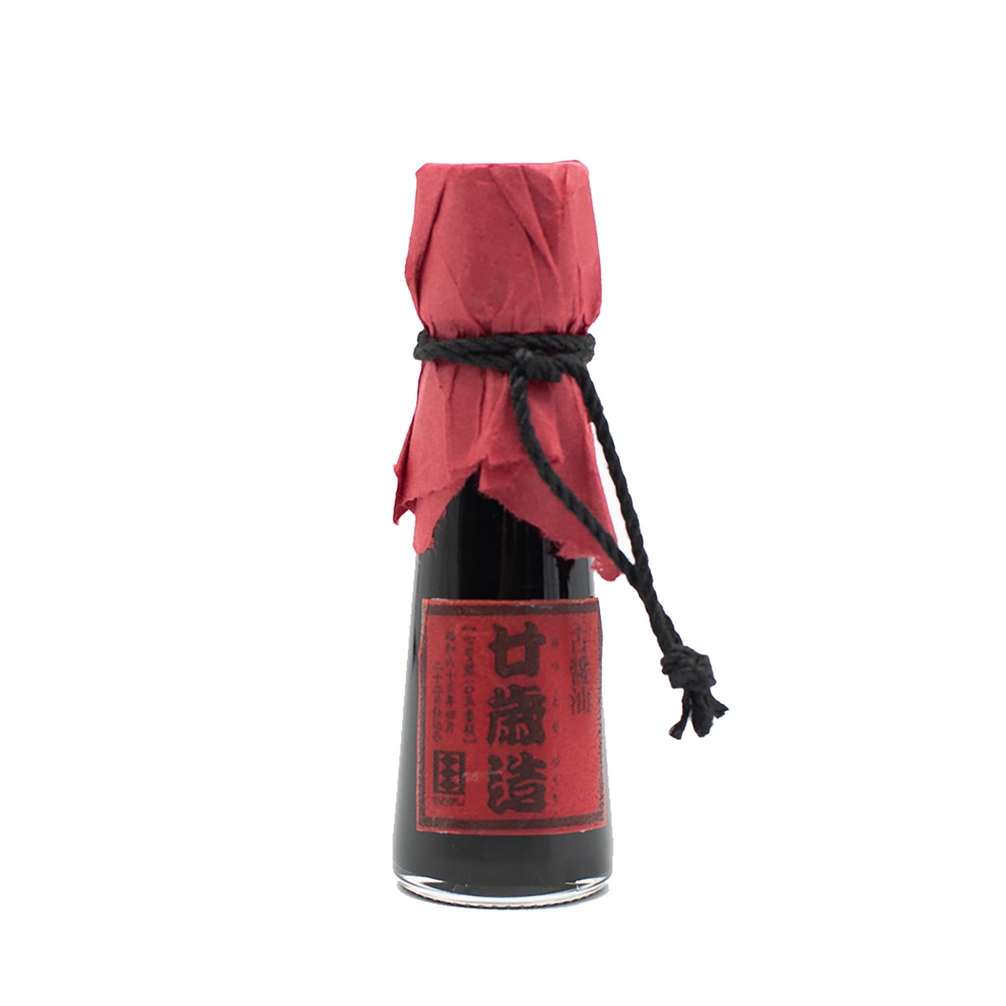 The 20 Year Aged Soy Sauce - 55ml comes in a glass bottle with dark liquid, sealed with red paper and black string, and features a red label with Japanese text—ideal for elevating Japanese cuisine.
