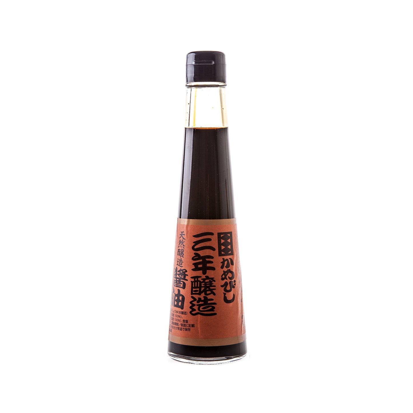 A tall, conical glass bottle with dark liquid, a red label with Japanese text, and a black cap—this is 3 Year Aged Soy Sauce, an authentic Japanese premium soy sauce crafted using double fermentation.