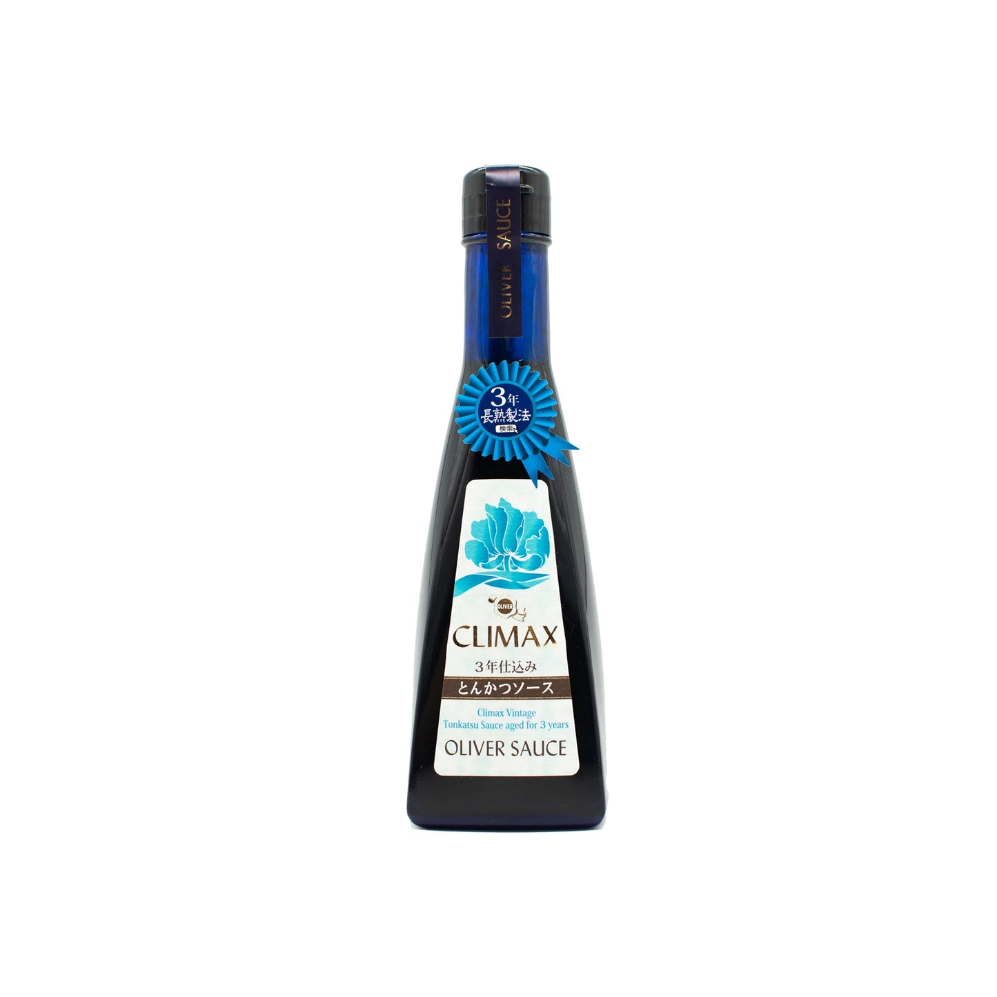 A 350g bottle of 3 Year Aged Tonkatsu Sauce, perfect for Japanese street food and breaded meats, featuring a blue flower label and ribbon signifying its special aging.
