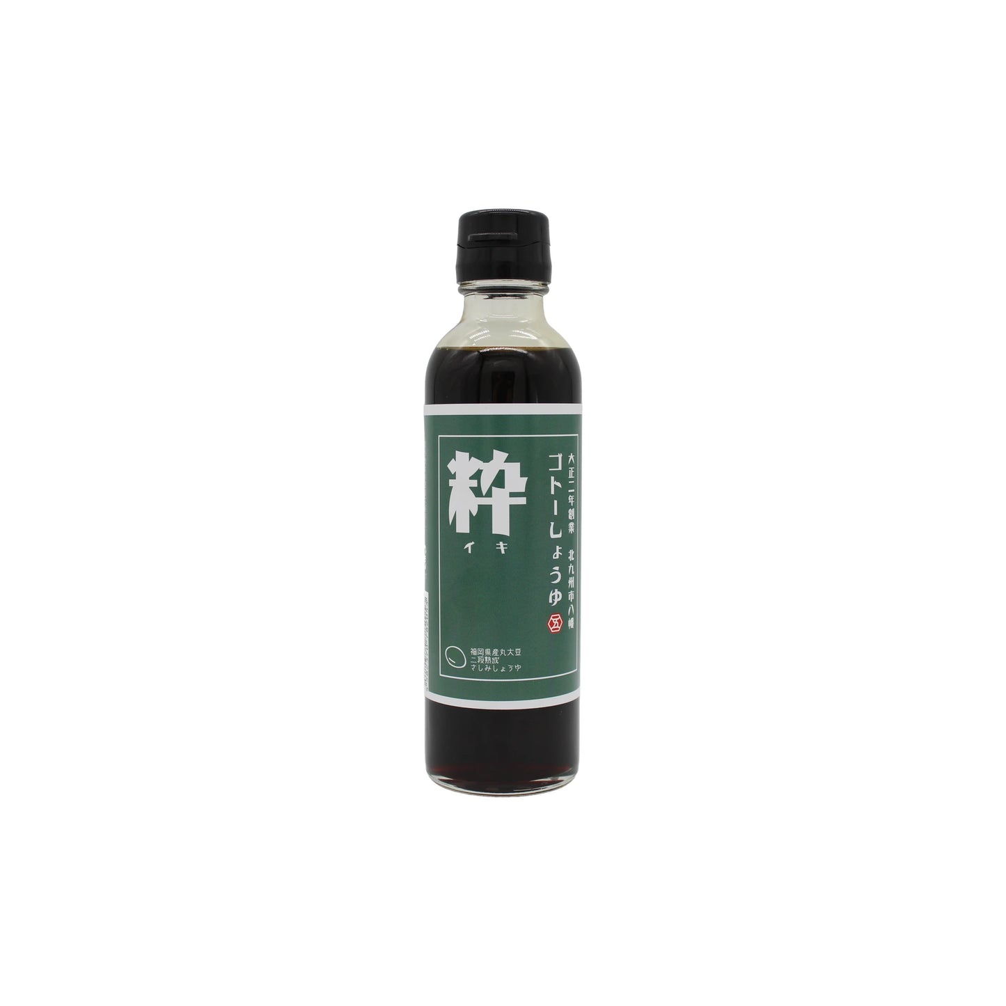 A bottle of IKI Sweet Soy Sauce with a green label and black cap, featuring Japanese text, stands against a white background, offering rich umami flavor.
