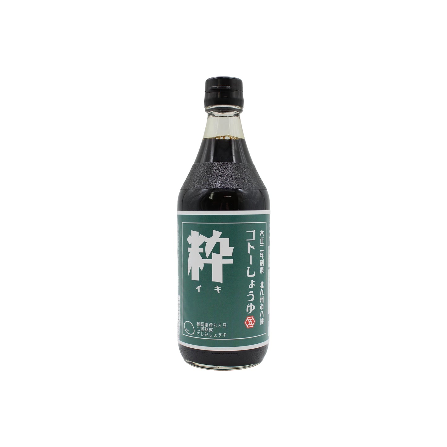 A bottle of IKI Sweet Soy Sauce, a Japanese condiment with umami flavor, features a green and white label with Japanese text and a black cap, shown against a white background.