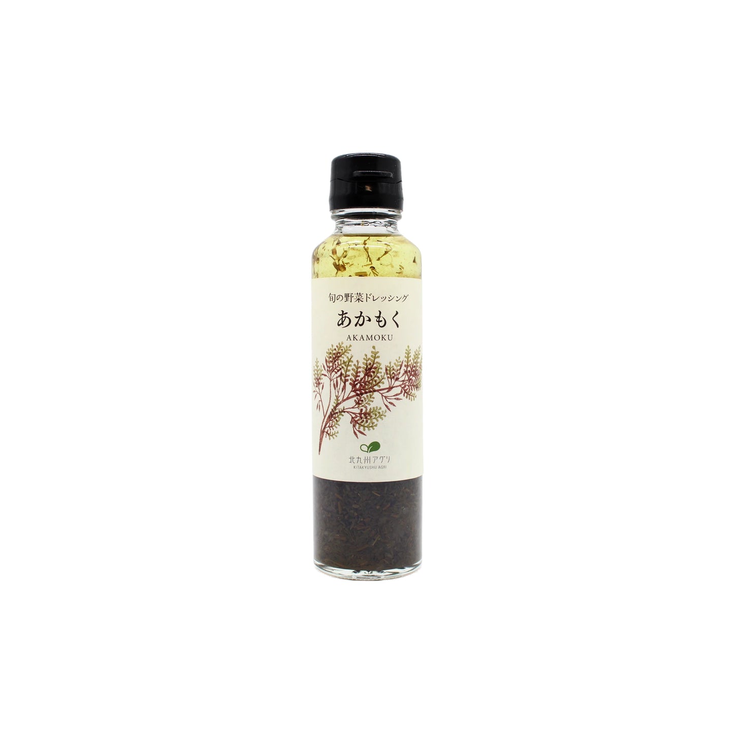 Akamoku Seaweed Dressing - 150ml comes in a clear bottle with a black cap, featuring Japanese text, an akamoku seaweed illustration, and the word AKAMOKU—highlighting authentic Japanese ingredients and rich umami flavor.
