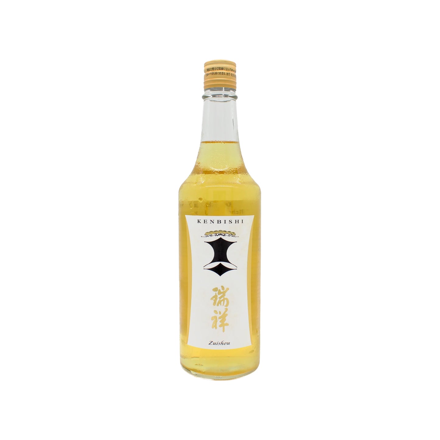 Kenbishi Zuishou Alchemy - Yamahai Junmai Koshu Sake comes in a clear glass bottle with light yellow liquid and a white label with Japanese text, showcasing the rich tradition of aged sake brewing.