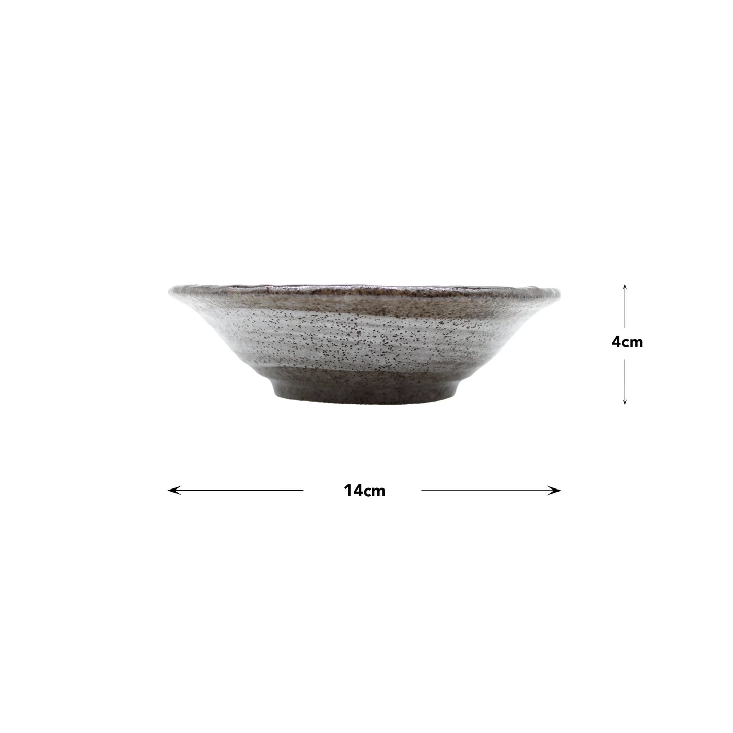 Side view of the Arabori Bowl - Shin Nishiki, a handcrafted stoneware piece with a mottled gray finish, 14 cm in diameter and 4 cm high—perfect for serving Japanese dishes. Shown against a white background.
