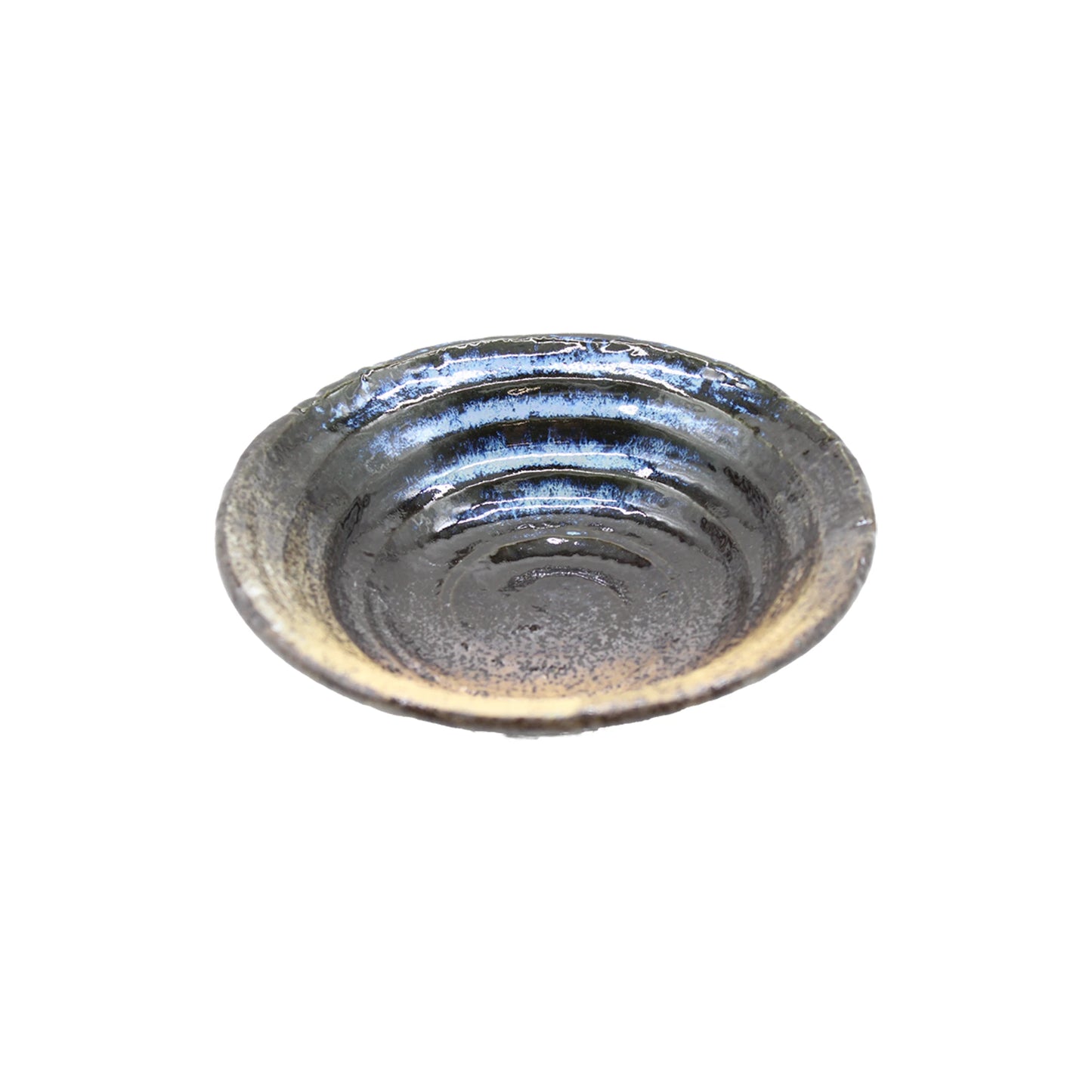 The Arabori Bowl - Shin Nishiki is a handcrafted, shallow ceramic dish with a ridged interior and soothing blue, gray, and beige gradient glaze—ideal for serving Japanese dishes in style.
