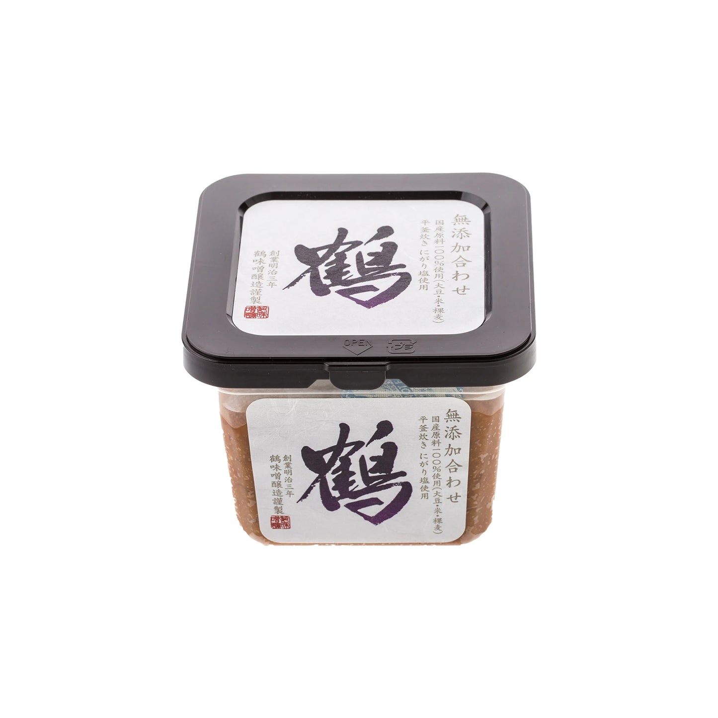 A square plastic container of Awase Barley Miso (500g), celebrated for its umami richness, with white labels featuring black calligraphy and Japanese text.
