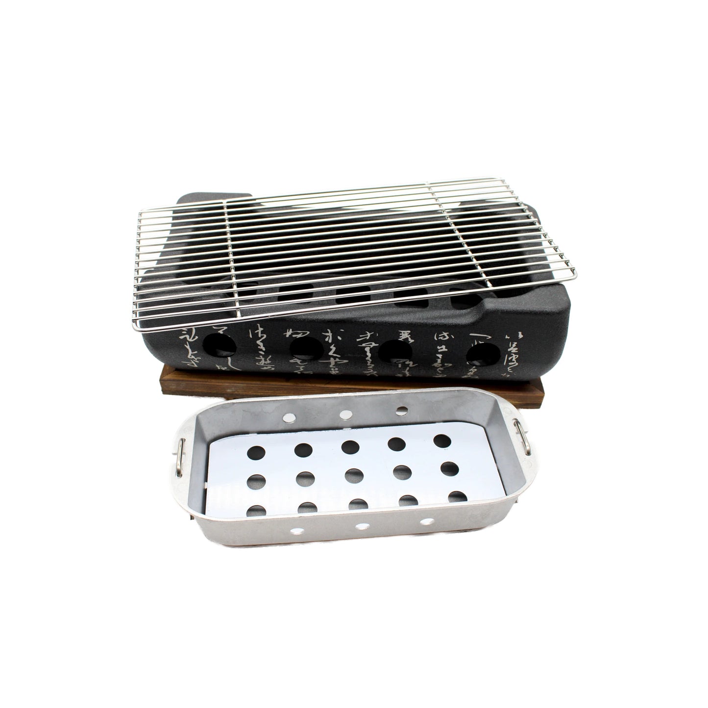 The Black Aluminium Konro Grill - 36cm features a metal grate, black base with white text, and a removable perforated tray—ideal for Japanese grilling and perfect for Binchotan charcoal.