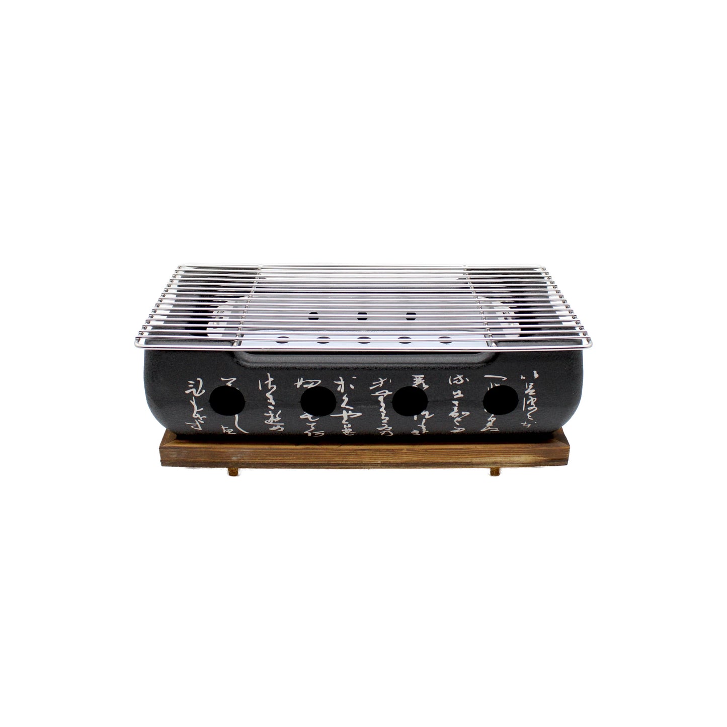 The Black Aluminium Konro Grill - 36cm features a sleek black aluminum body, metal grate, and wooden base—ideal for authentic Japanese grilling with Binchotan charcoal and perfect for your kitchen or outdoor gatherings.