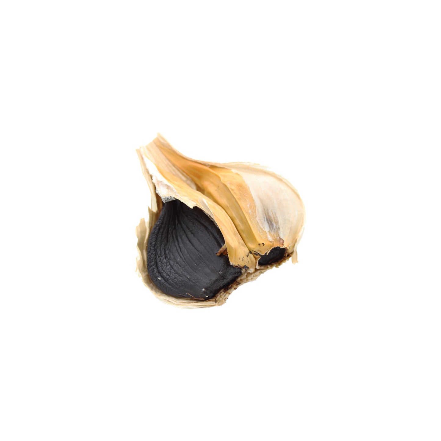 A single clove of Black Garlic From Aomori Or Mie, partially peeled to reveal its rich umami flavor and high antioxidant content, isolated on a white background.
