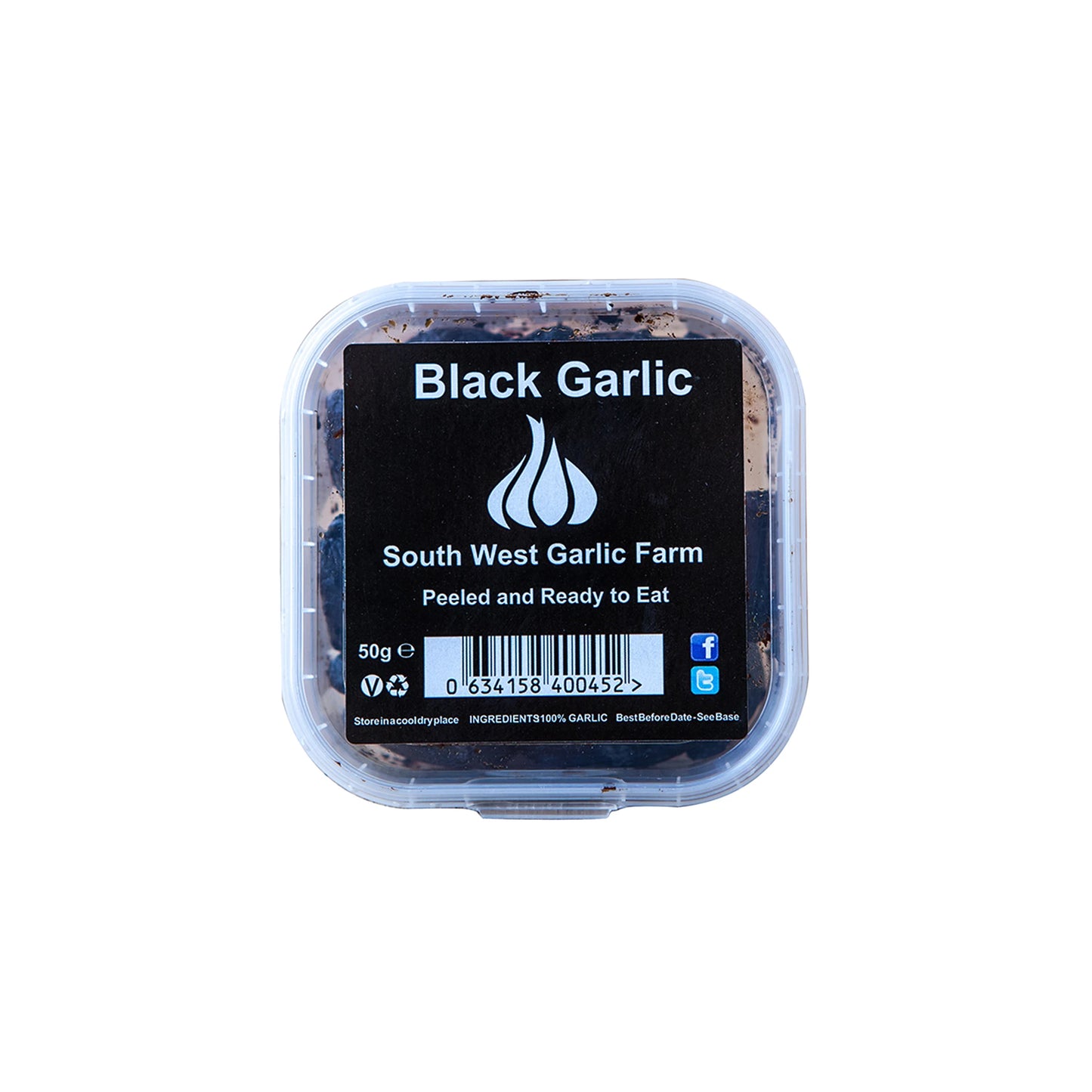 A 50g plastic tub of Black Garlic (Peeled Cloves), featuring a barcode and ingredient info on the lid. Peeled and ready to eat, this versatile seasoning offers a rich balsamic vinegar flavor.