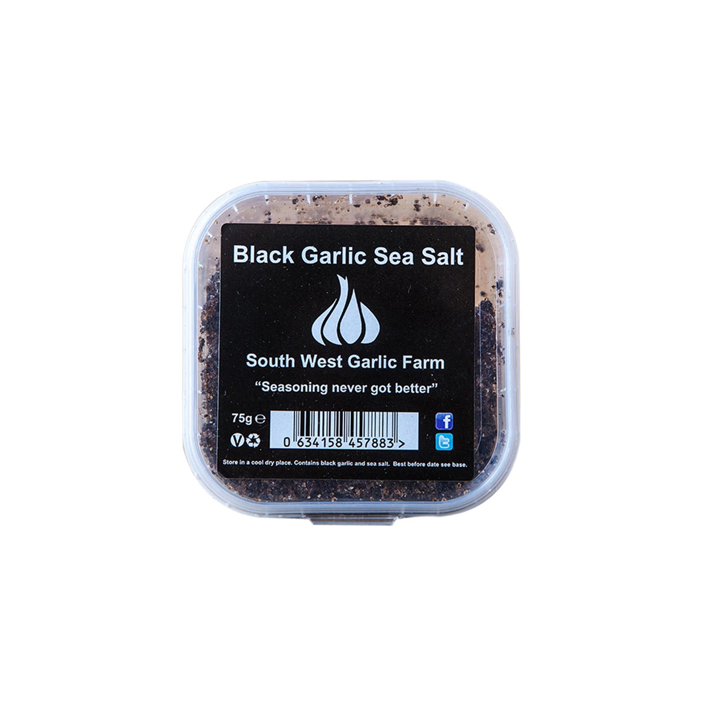 A 75g square plastic container of Black Garlic Sea Salt - 75g from South West Garlic Farm, with a barcode on the front and a unique flavour.