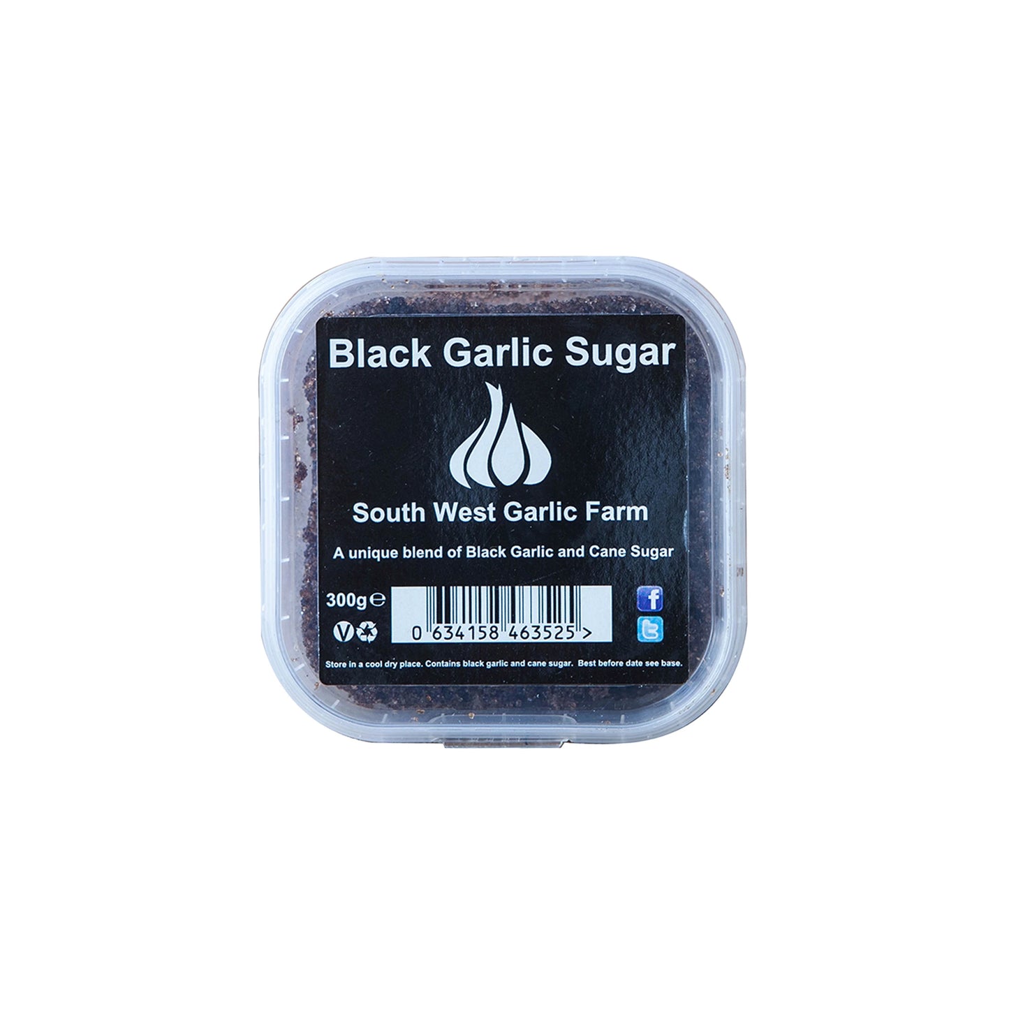 A 300g square plastic container of Black Garlic Sugar – a blend of black garlic and cane sugar from South West Garlic Farm, ideal for BBQ marinades or creative savoury cooking.