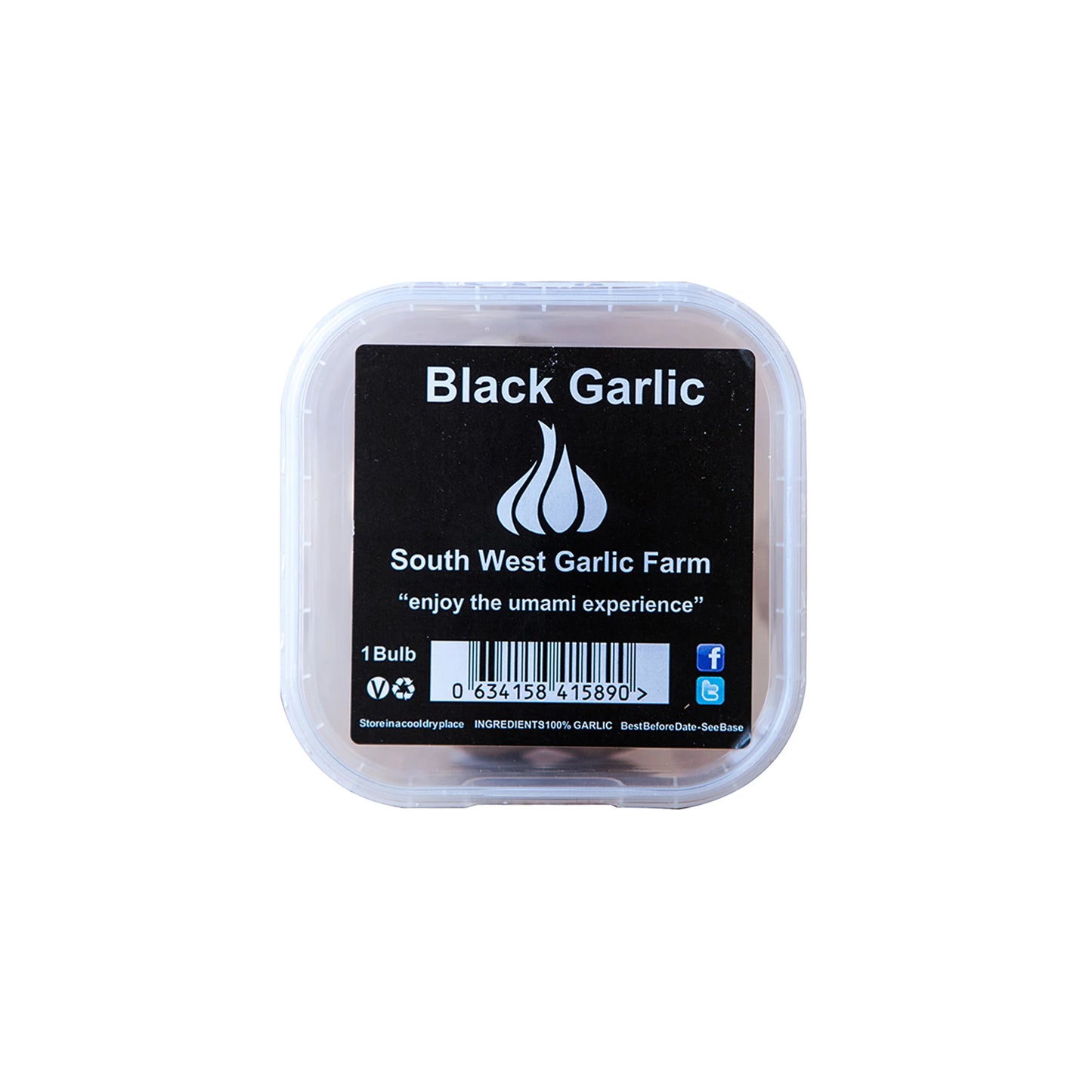 A square plastic container labeled Black Garlic Bulbs - Each from South West Garlic Farm, Dorset, holds a single bulb and features product info on a black background highlighting its unique fermentation process.