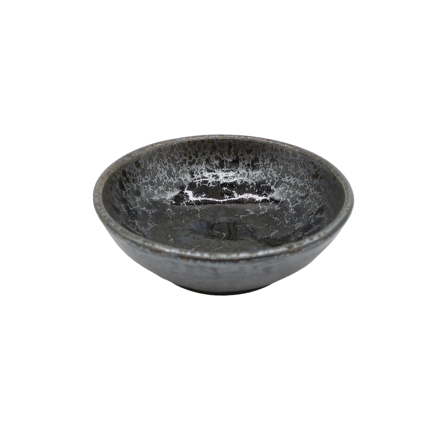 The Shallow Bowl - Black Pearl is a small, round bowl made from Minoyaki porcelain with a textured dark gray finish, displayed on a white background.