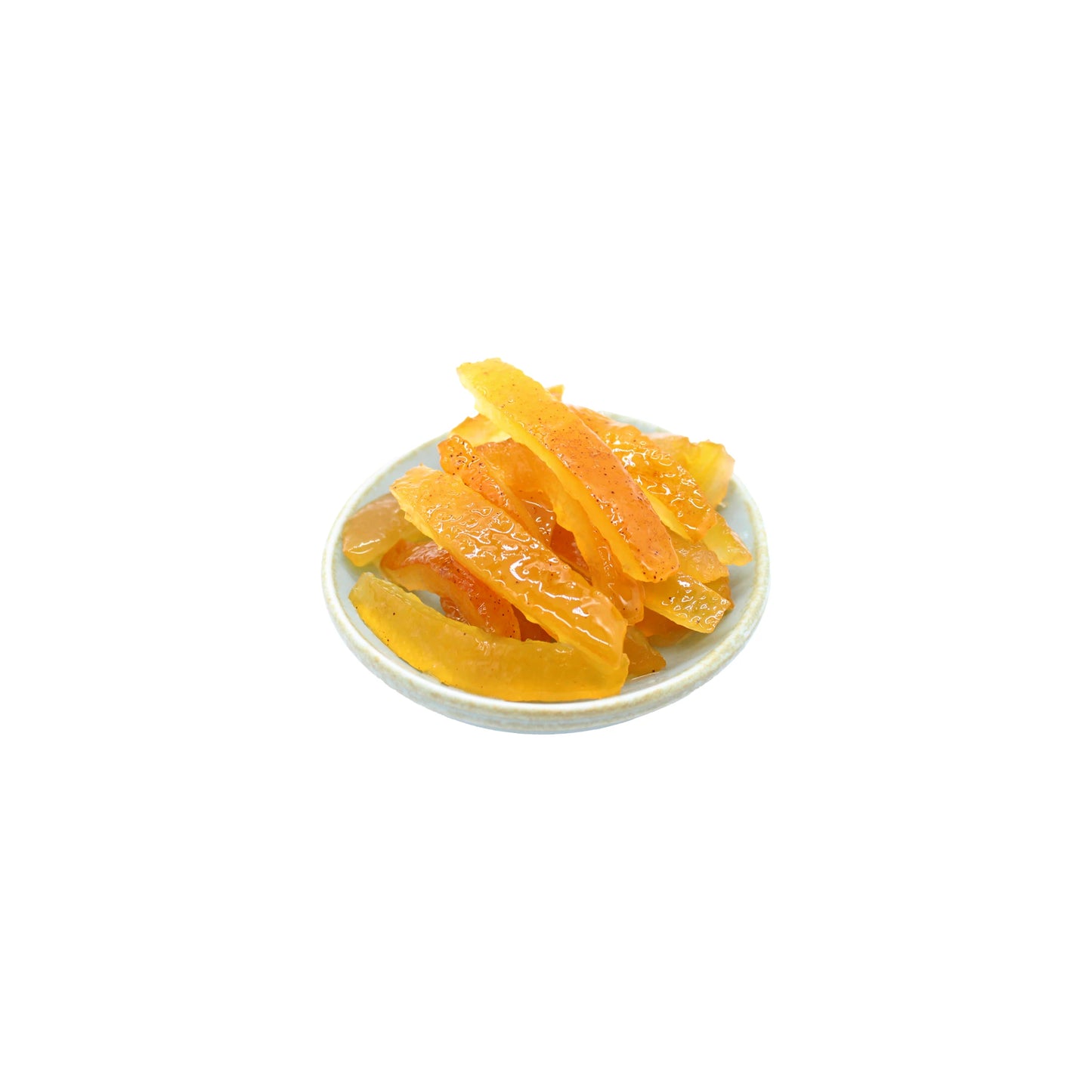 A small plate holds strips of Candied Yuzu Peel In Syrup - 250g, artfully piled and photographed on a white background—a refined tribute to traditional Japanese sweets.