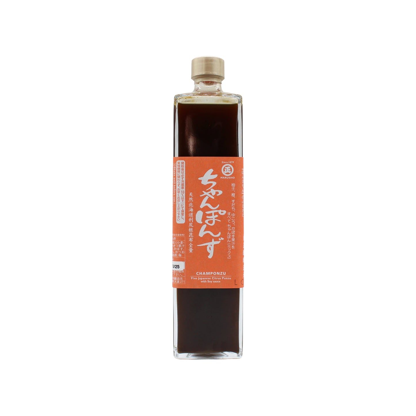 A tall, square glass bottle with a beige cap holds dark liquid and has an orange label with Japanese text, “CHAMPONZU,” and highlights Champonzu Mixed Citrus Ponzu Sauce made from Japanese citrus fruits.