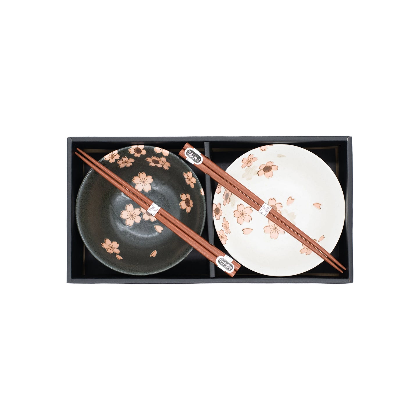 The Sakura Cherry Blossom Bowls Gift Set – White & Black features two bowls with sakura designs, a divided tray, and wooden chopsticks, making it an elegant Japanese gift for any occasion.