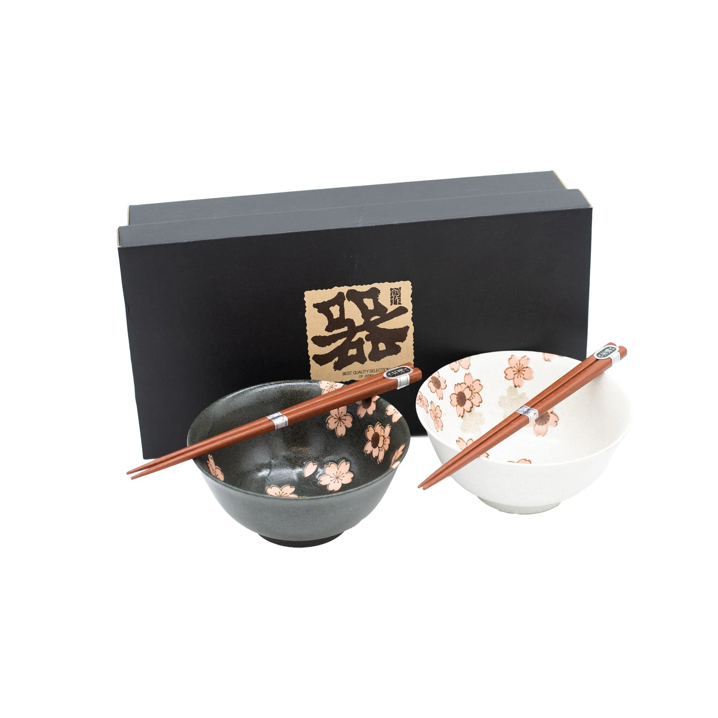 The Sakura Cherry Blossom Bowls Gift Set – White & Black features two floral bowls with matching chopsticks, elegantly arranged before a Japanese-labeled black box—an ideal Japanese gift set.