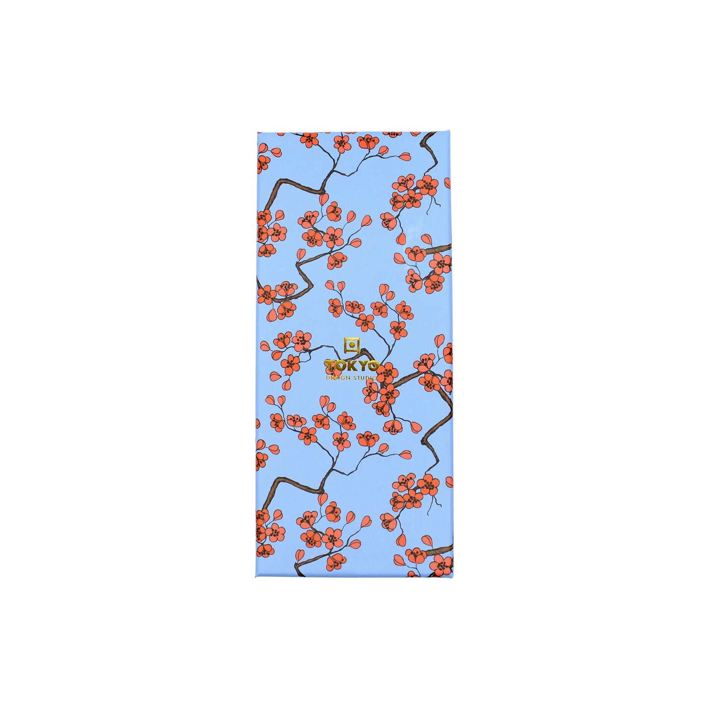 A set of five rectangular blue chopsticks with a Sakura-themed pattern of red-orange blossoms and black branches, featuring TOKYO and a yellow icon—ideal for pairing with other Tokyo Design Studio tableware.