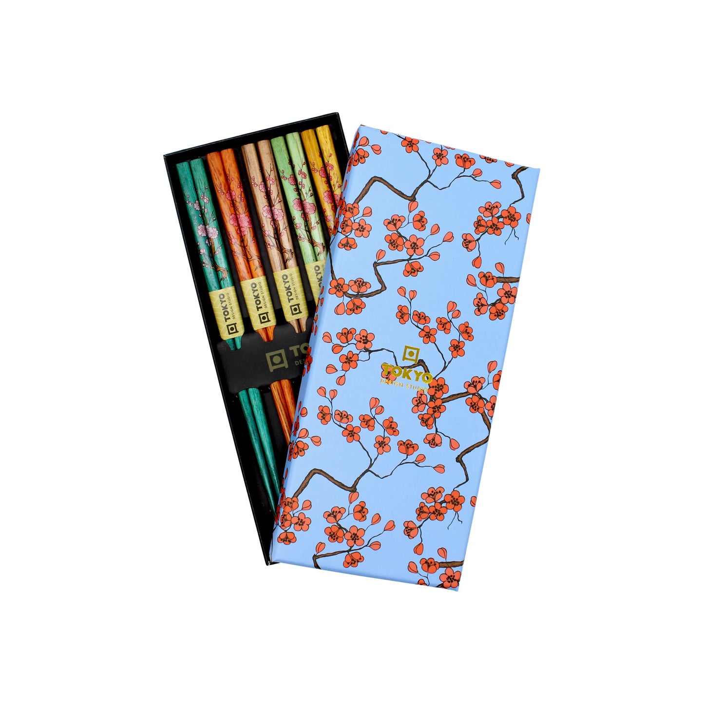 The Chopstick Set - Sakura Design (Pack of 5) by Tokyo Design Studio features five pairs of decorative wooden chopsticks with floral patterns, presented in a blue-lidded box adorned with red cherry blossoms.