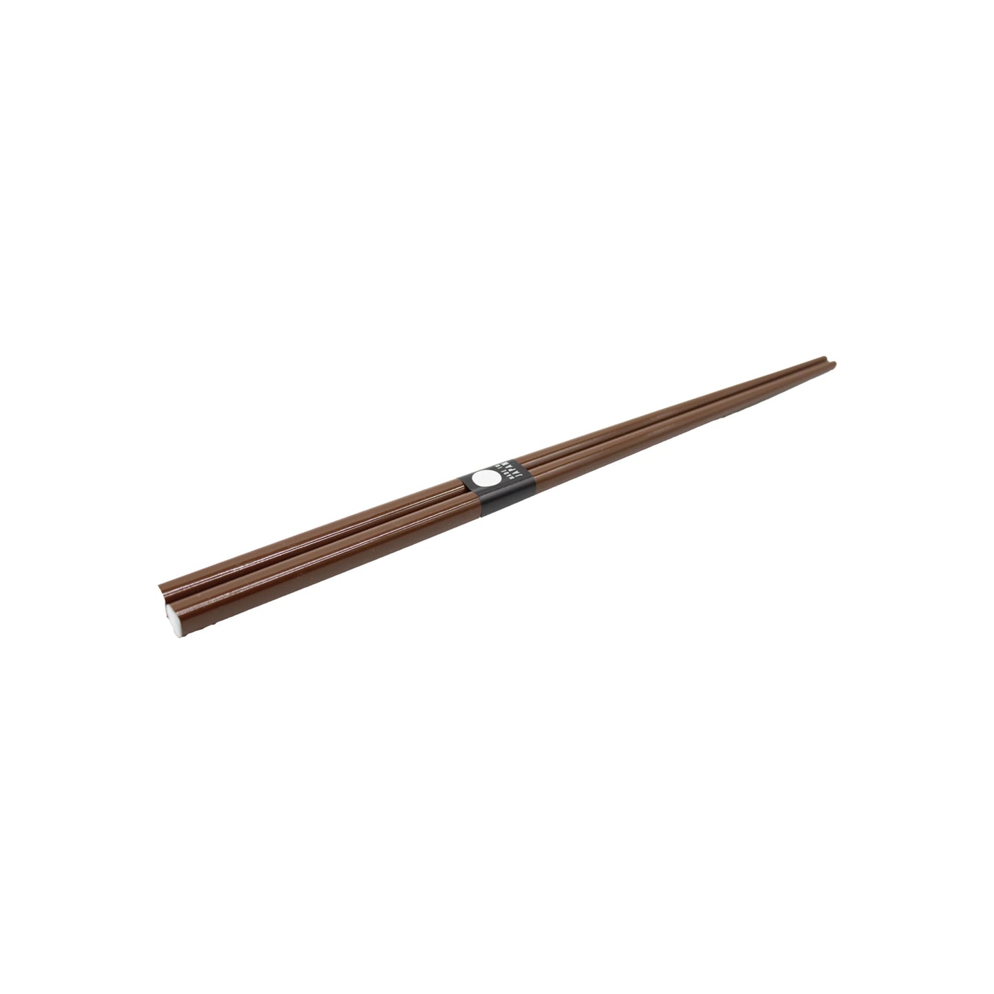 A pair of Chestnut Brown chopsticks from Zumi workshop, secured with a black and white paper band, placed on a white background.