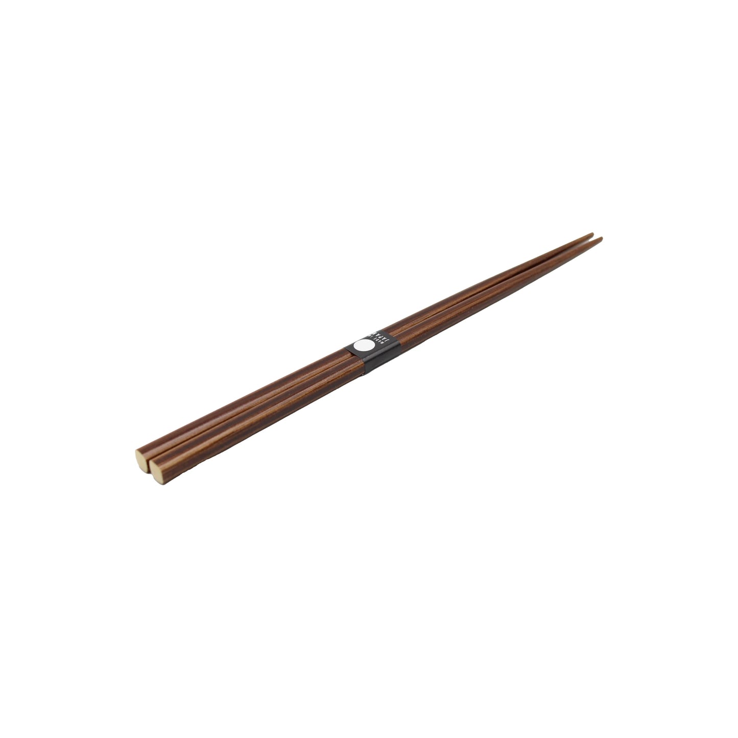 Chopsticks - Dark Bamboo: A pair with a rich brown finish and black paper band featuring a white logo, highlighting traditional lacquerware craftsmanship, elegantly displayed on a white background.