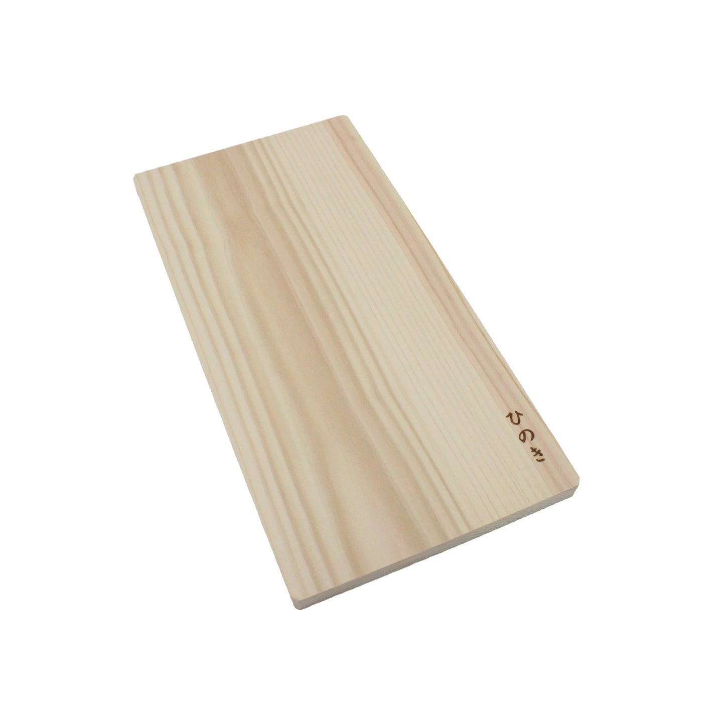 The Cypress Hinoki Cutting Board features a rectangular shape, light natural grain, and a small Japanese inscription in one corner, highlighting Japanese craftsmanship, photographed against a white background.