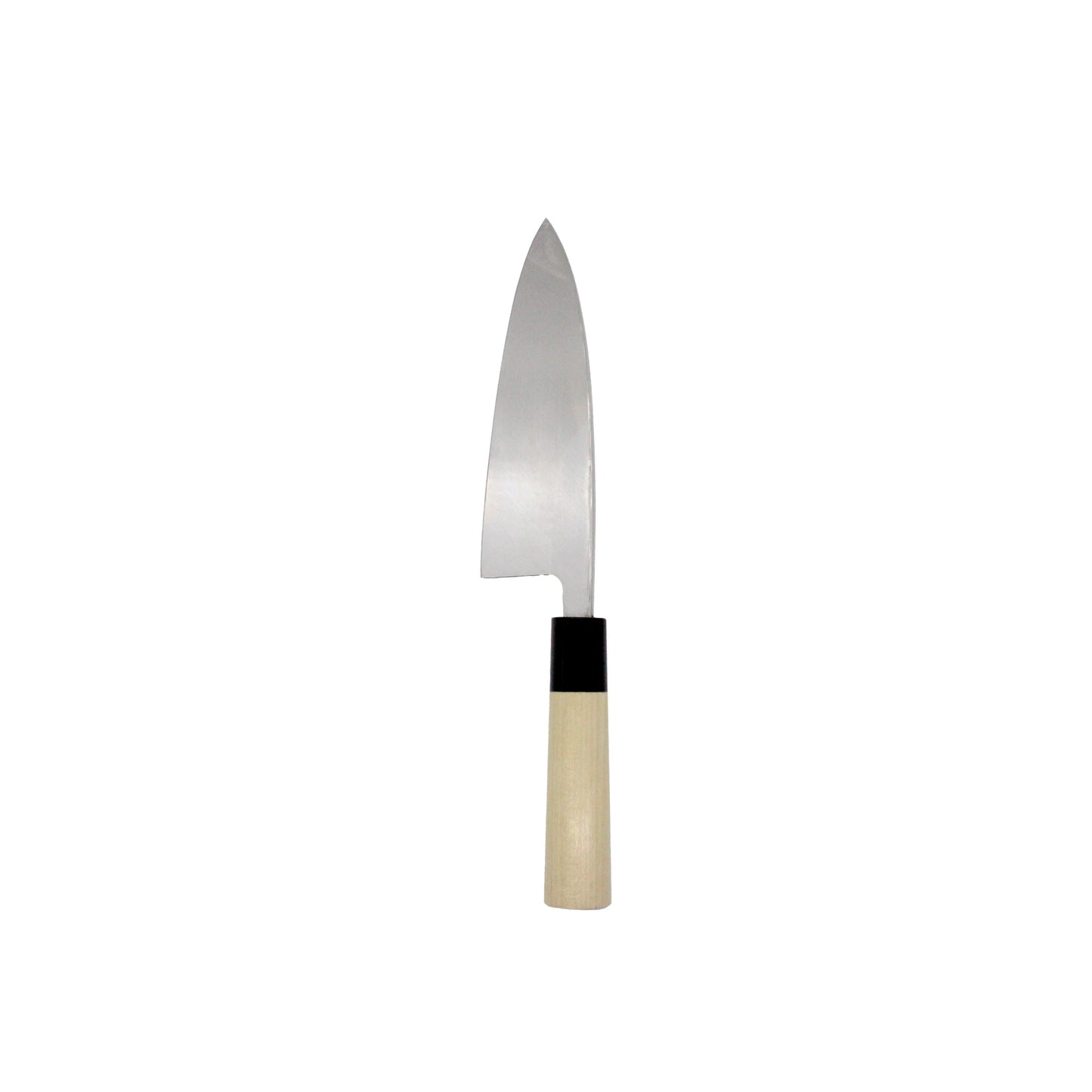The Deba Fish Knife Migaki Polished - 165mm is a stainless steel Japanese knife with a light wooden handle and single-bevel edge, shown upright against a plain white background.