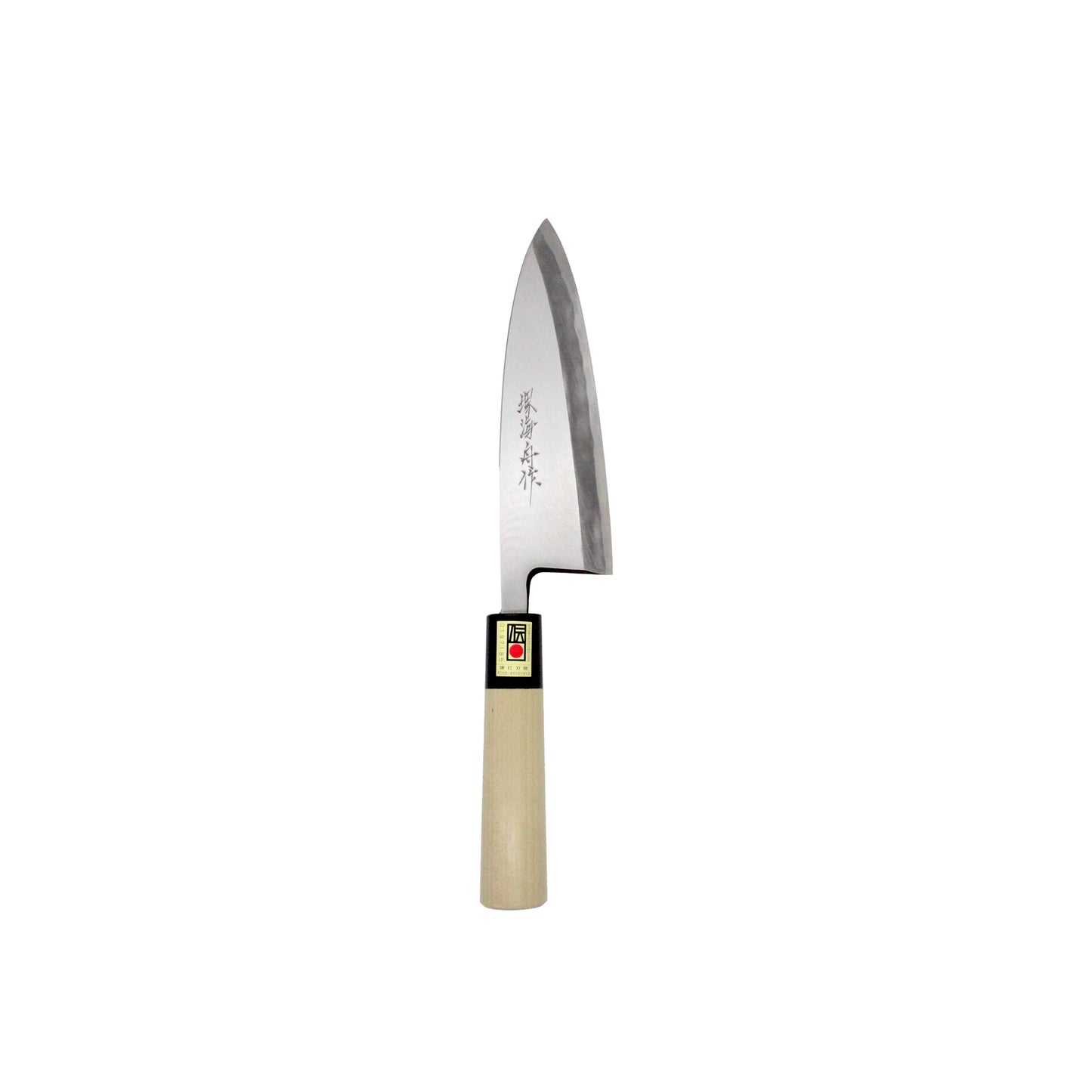 The Deba Fish Knife Migaki Polished - 165mm features a wide, sharp single-bevel blade and a light wooden handle, shown isolated on a white background.
