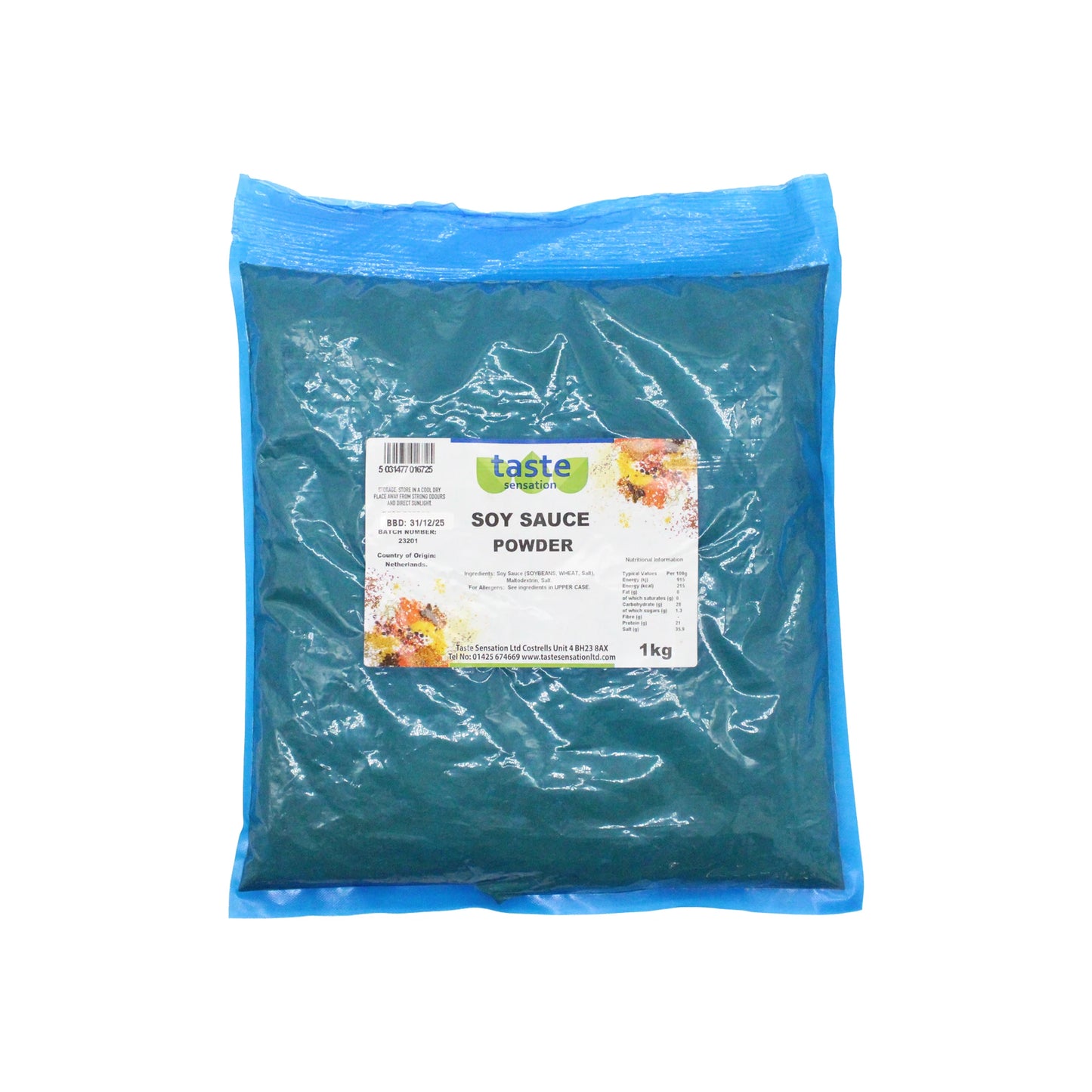 A 1kg blue plastic bag of Dehydrated Soy Sauce Powder, shown in packaging, ideal as a soy sauce substitute.