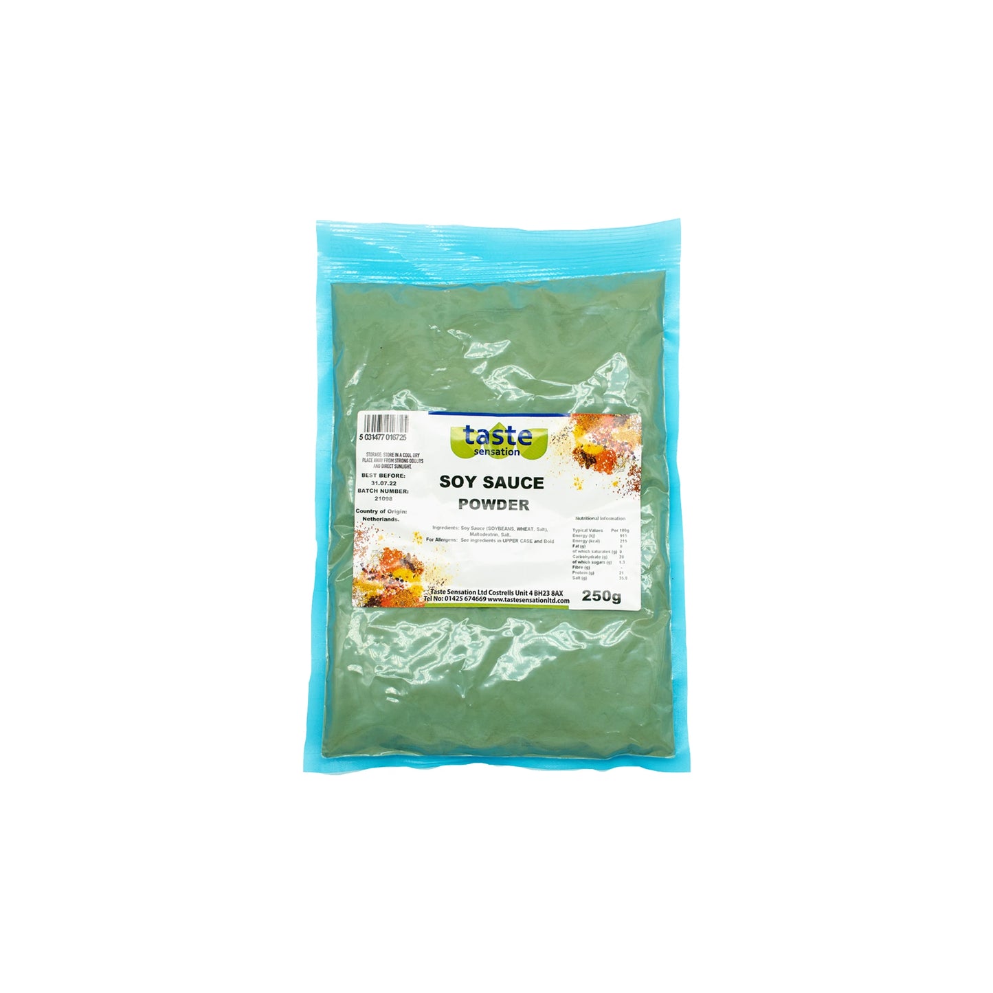 A 250g sealed packet of Dehydrated Soy Sauce Powder, featuring a white label and blue-green powder inside, is shown on a white background.
