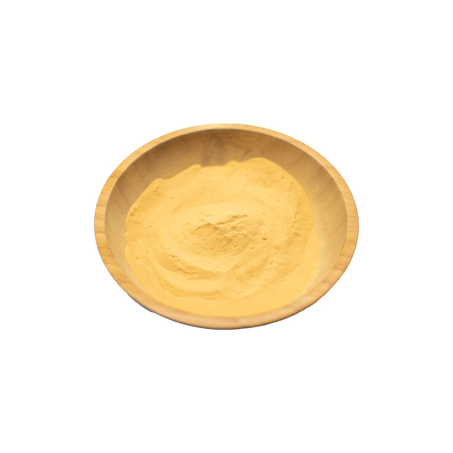 A bowl of Dehydrated Soy Sauce Powder sits centered on a white background, showcasing the product’s fine yellow texture.
