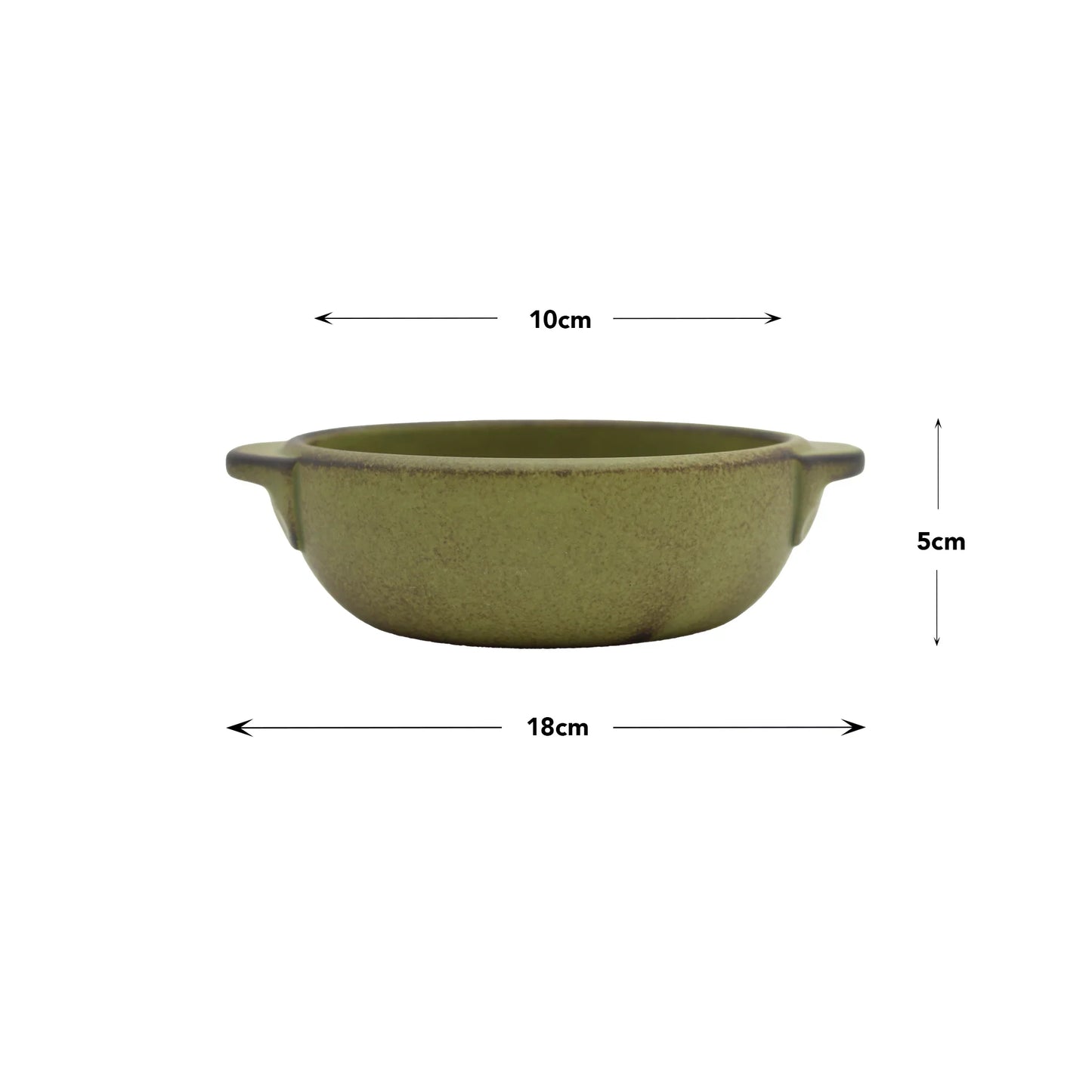 Donabe Pot - Green with side handles, highlighting Japanese craftsmanship. Measures 18 cm diameter, 10 cm inner diameter, 5 cm height. Reference arrows indicate measurements.
