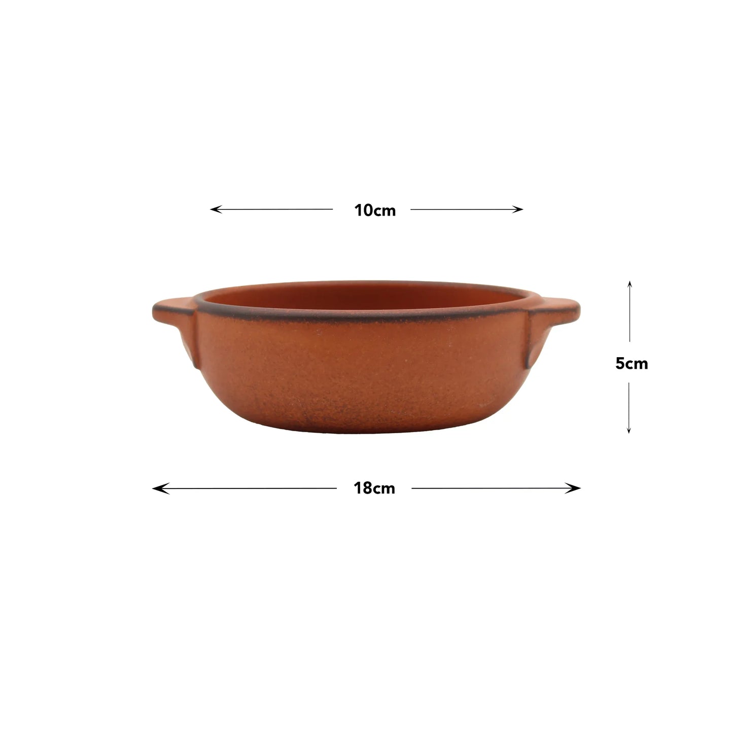 The Donabe Pot - Orange is a ceramic bowl inspired by Japanese craftsmanship, with two small handles. It measures 18 cm wide, has a 10 cm inner diameter, and stands 5 cm tall; black arrows highlight its dimensions.