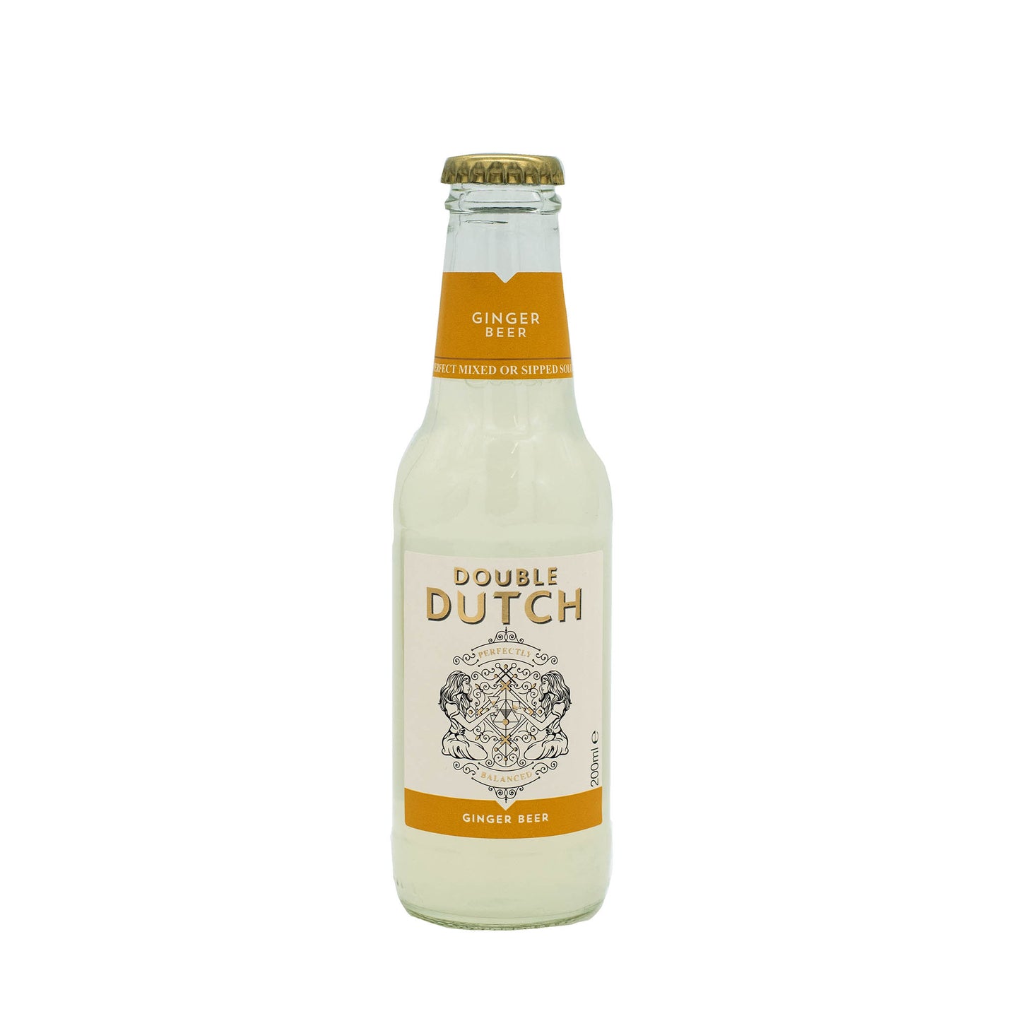 A 200ml clear glass bottle of Double Dutch Ginger Beer with an orange and white label, perfect for mixing with spiced rum or lime, displayed upright against a plain white background.