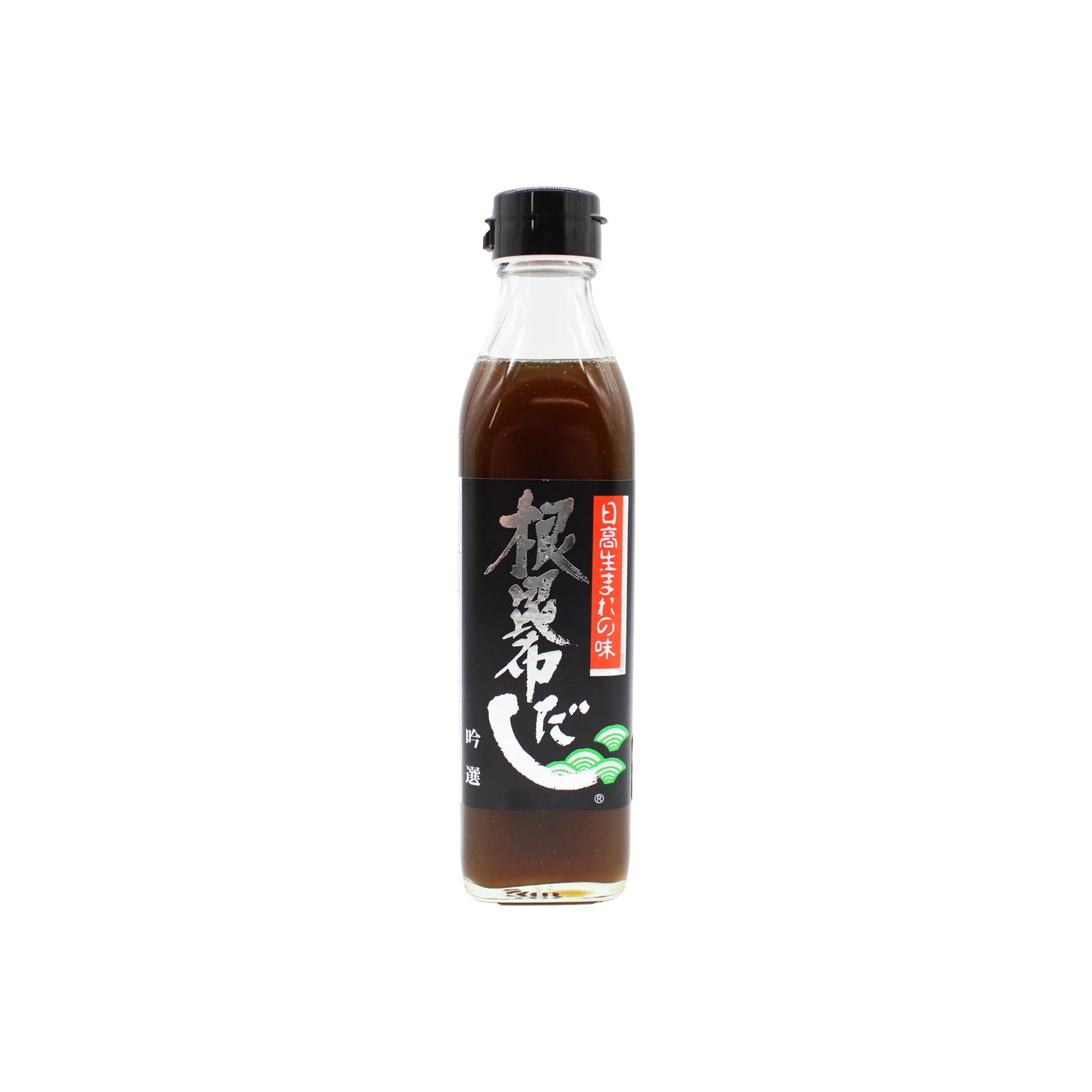 A 300ml glass bottle of Extra Ne Kombu Concentrated Dashi with a black cap and black label featuring Japanese text, green accents, and Hokkaido Kensho dashi highlights, isolated on a white background.