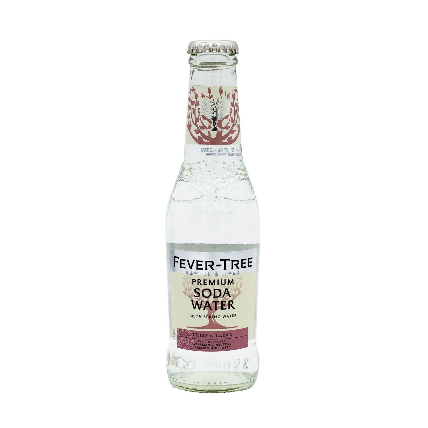 A 200ml clear glass bottle of Fever Tree Soda Water with a silver cap and branded label—premium carbonated water, perfect as a refreshing mixer.