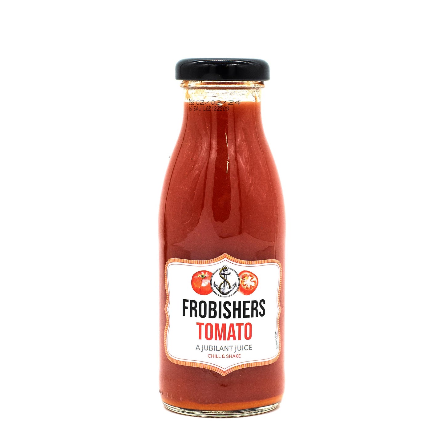 A 250ml glass bottle of Frobishers Tomato Juice, filled with rich red juice and topped with a black cap—ideal for breakfast or mixing into a classic Bloody Mary.