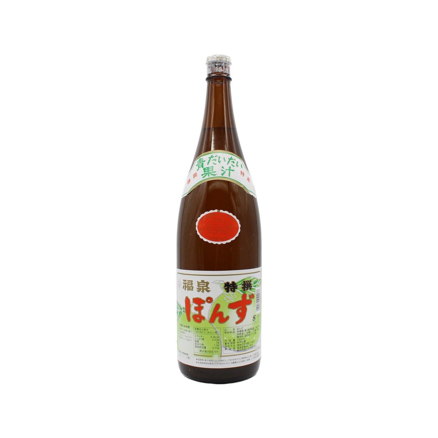 A 1.8L Fukuizumi Citrus Ponzu bottle with a white and green Japanese label stands upright on a white background, ideal as a Japanese condiment or dipping sauce.