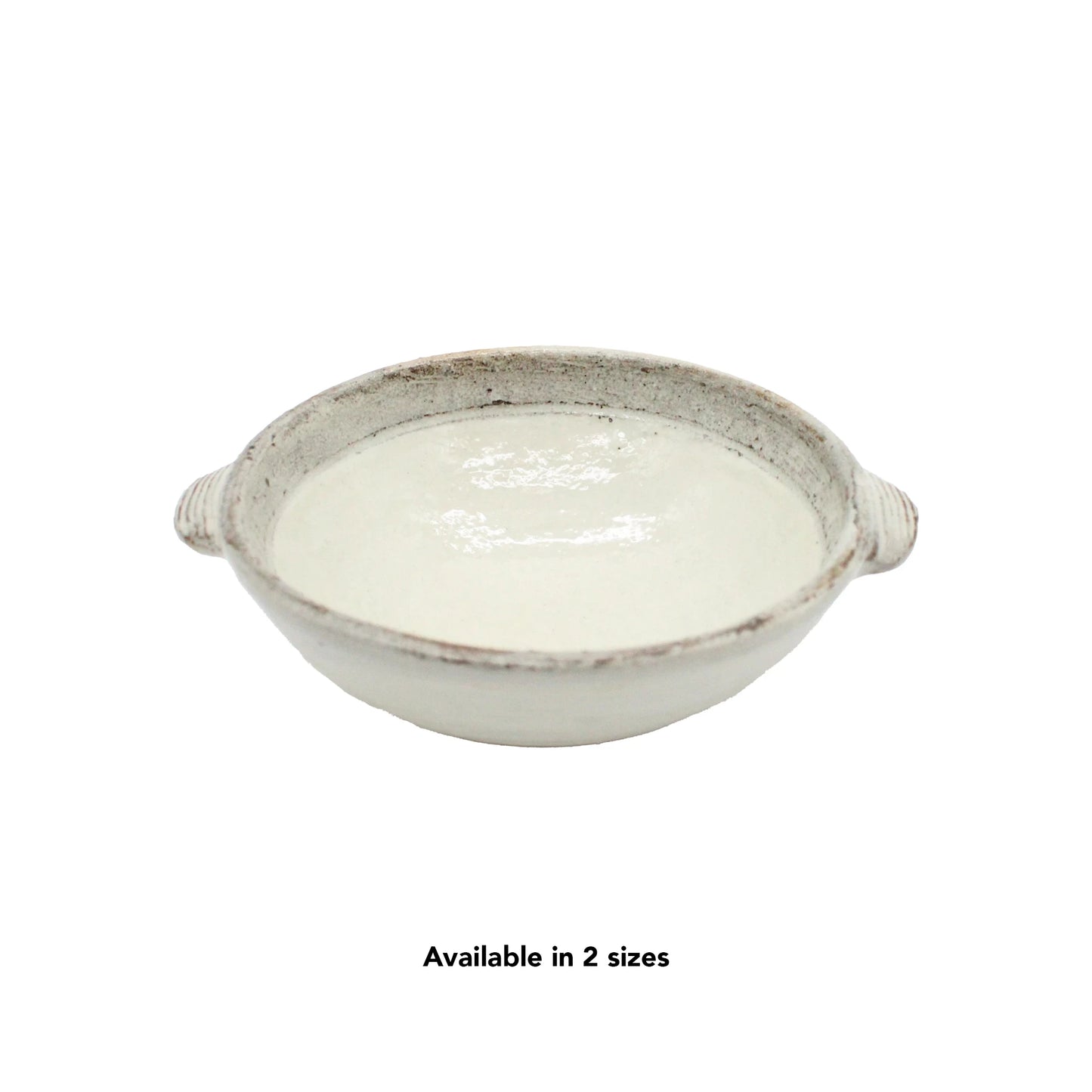 The Ear Bowls - Fuchiara Carved are round white ceramic dishes inspired by Shigaraki pottery, featuring two small side handles. Shown on a plain white background. Available in 2 sizes.