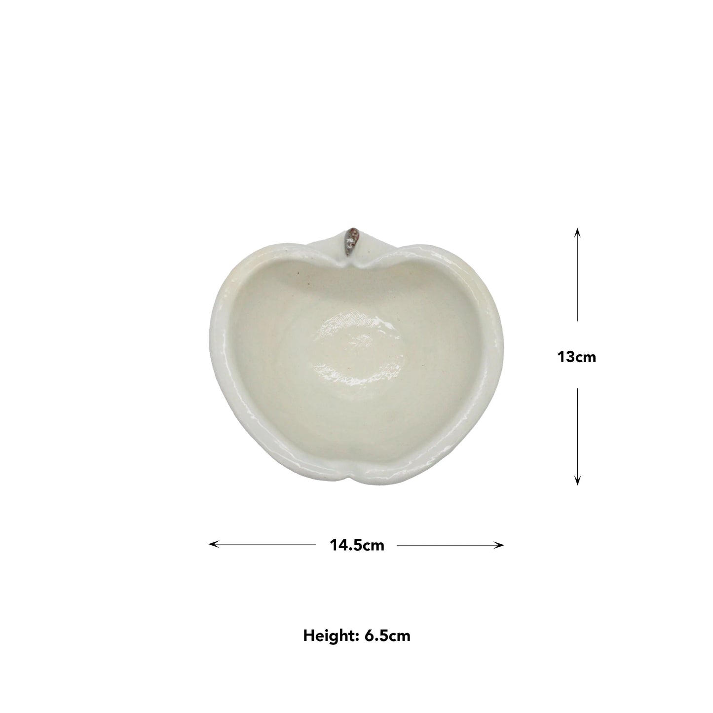 Apple Bowl - Iron Spot (Medium): White ceramic apple-shaped bowl inspired by Japanese Furuya kiln style. Dimensions: 14.5 cm wide, 13 cm tall, 6.5 cm high.