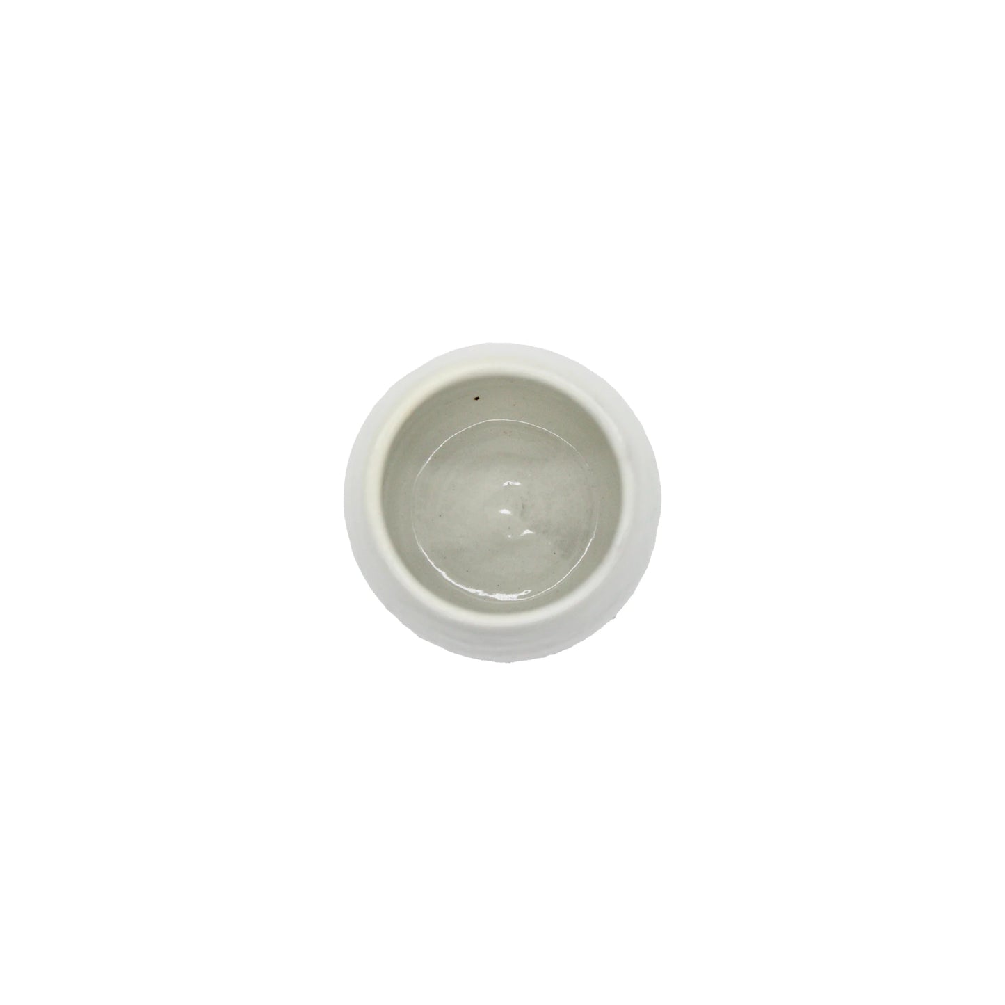 A round, white ceramic Tea Mug - Egg Shape Goth Wire, inspired by Shigaraki pottery, is photographed from above on a plain white background.